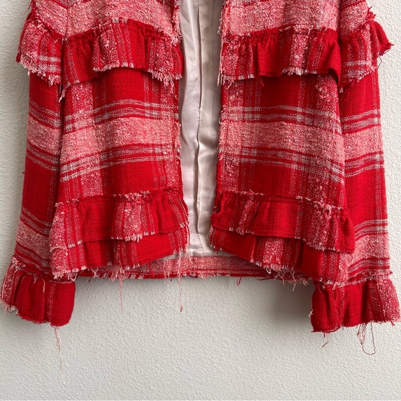 ZARA Red Pink Blogger Favorite Plaid Tweed Fringe Ruffle Cropped Blazer Jacket - Picture 7 of 13